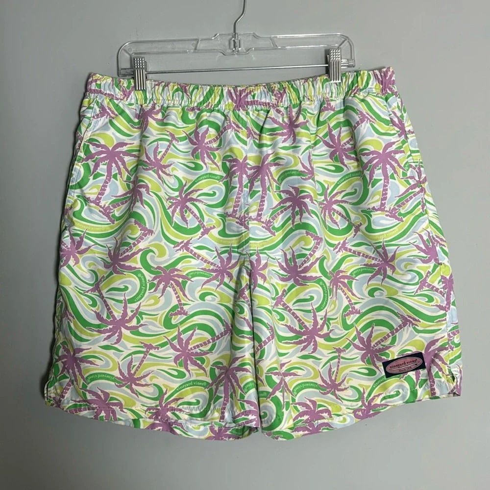 Vineyard Vines Swim Trunks Mens XL Shorts Chappy Purple Green Palm Tree 7”